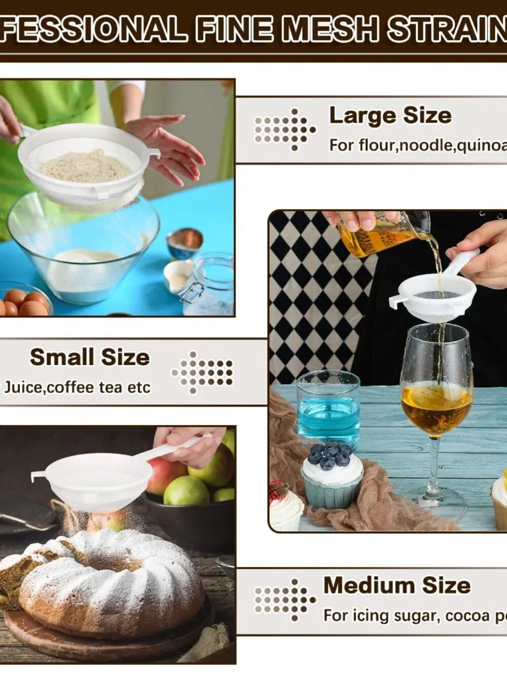 3 Pcs Plastic Nylon Mesh Strainer Colander with Handle Double Ear Fine Food Mesh